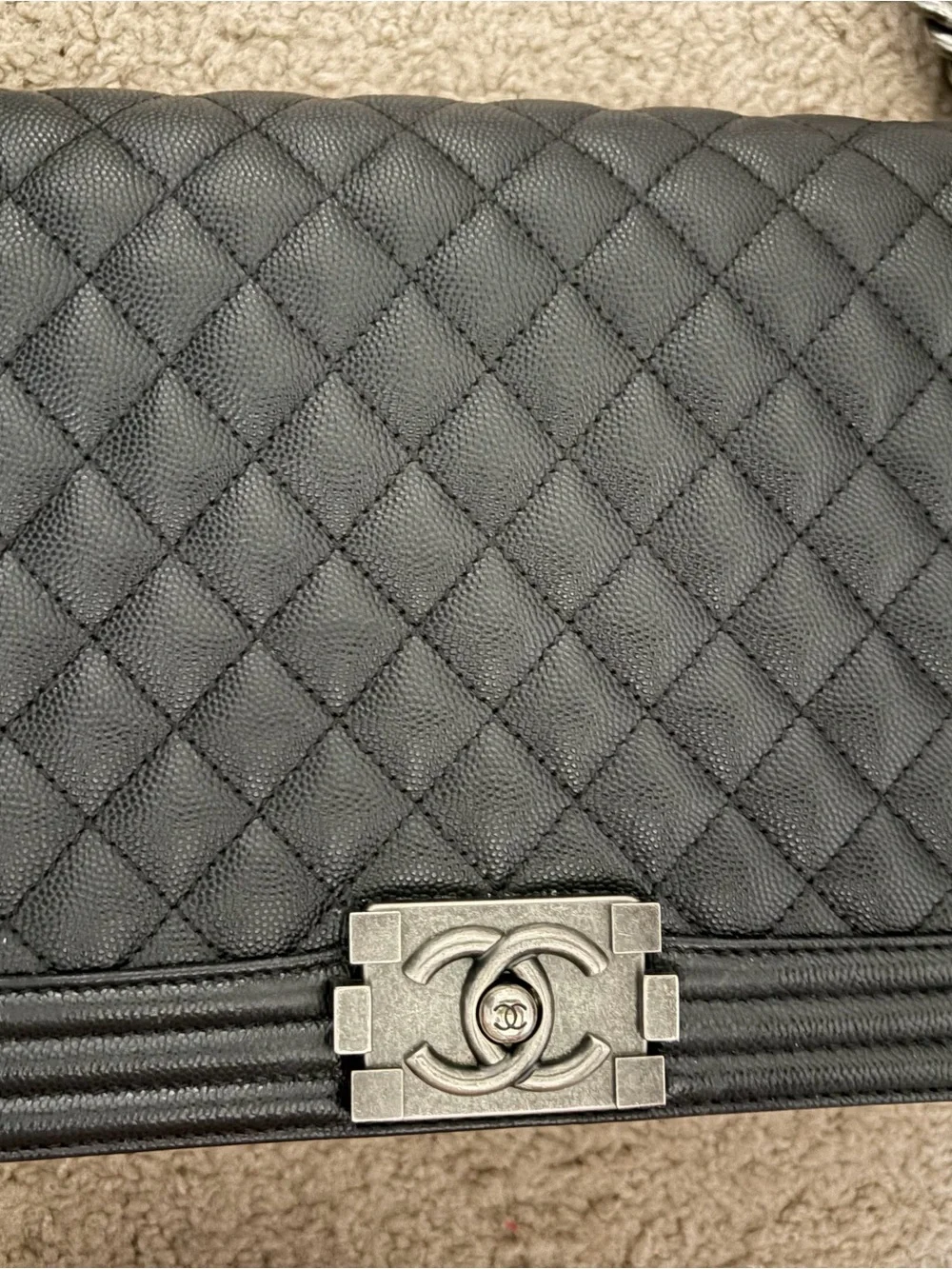 CHANEL Black Quilted Large Boy Messenger Bag with Ruthenium Hardware